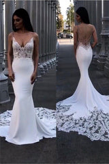 Classic Lace Mermaid Wedding Dresses Spaghetti Straps Backless Bridal Gowns-Ballbella