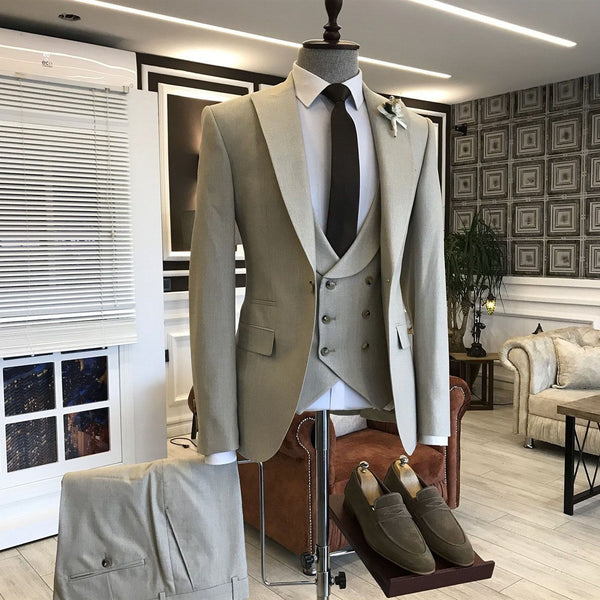 Classic Light Brown 3-Pieces Double Breasted Waistcoat Formal Menswear-Ballbella