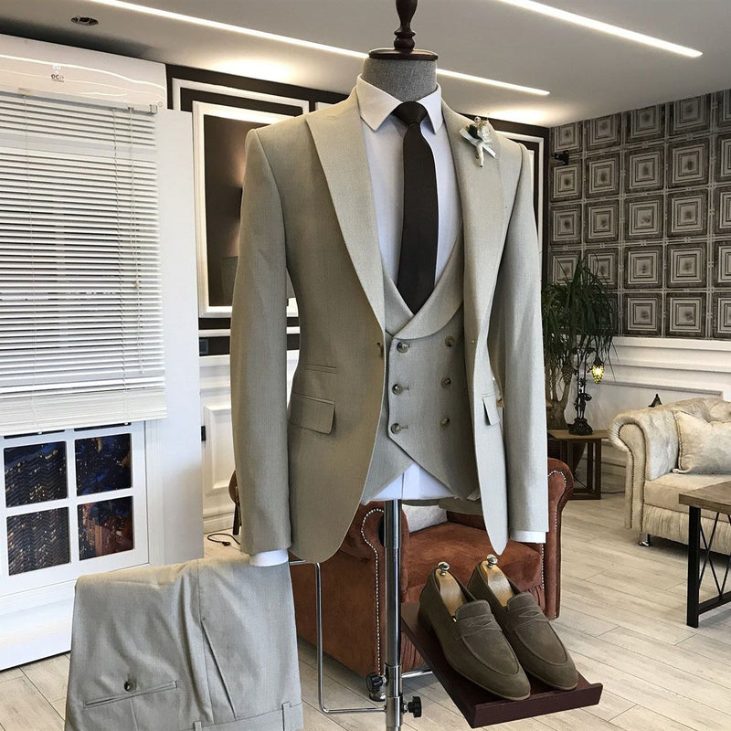Classic Light Brown 3-Pieces Double Breasted Waistcoat Formal Menswear-Ballbella