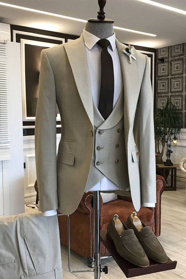 Classic Light Brown 3-Pieces Double Breasted Waistcoat Formal Menswear-Ballbella