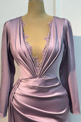 Classic Lilac V-Neck Long Sleeves Satin Prom Dresses Mermaid Column With Beads-Ballbella