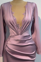Classic Lilac V-Neck Long Sleeves Satin Prom Dresses Mermaid Column With Beads-Ballbella