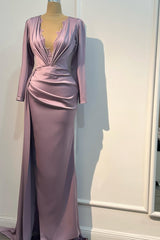 Classic Lilac V-Neck Long Sleeves Satin Prom Dresses Mermaid Column With Beads-Ballbella