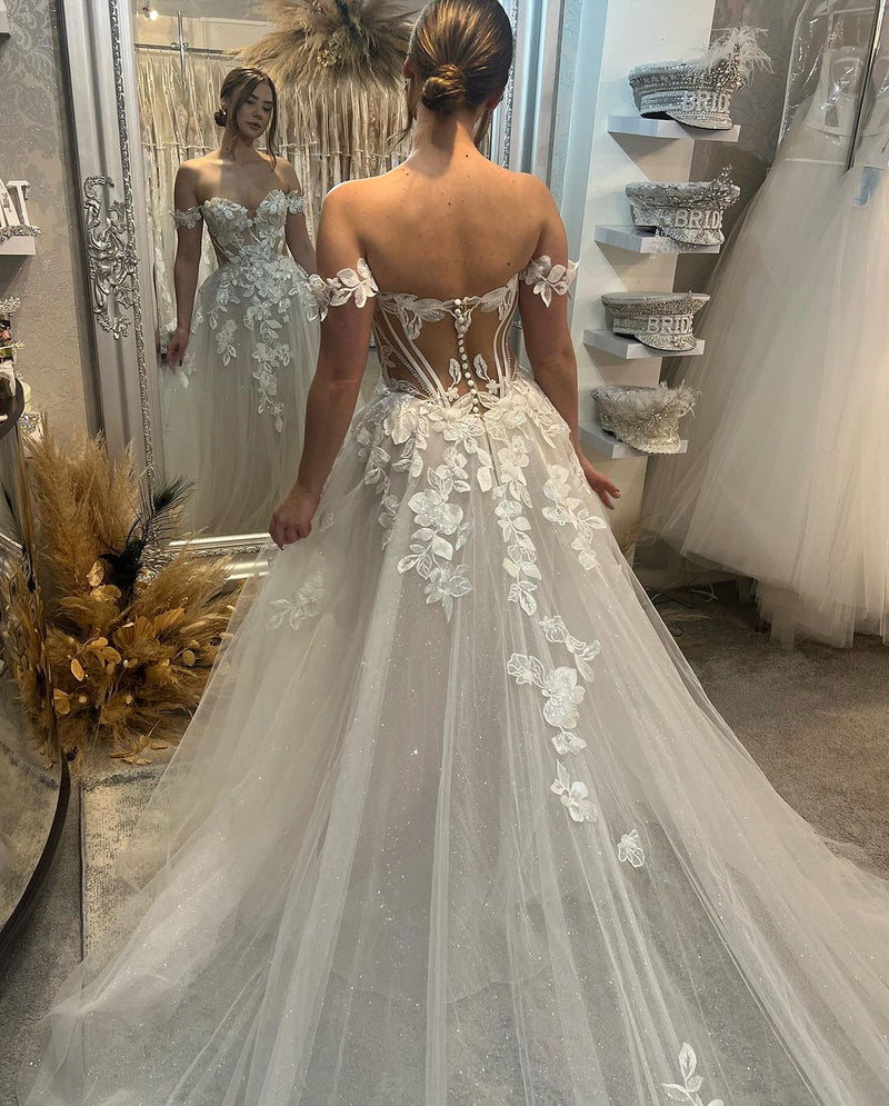 Classic Long A-line Off-the-shoulder Sweetheart Appliques Glitter Wedding Dress Classic Long A-line Off-the-shoulder Sweetheart Appliques Glitter Wedding Dress