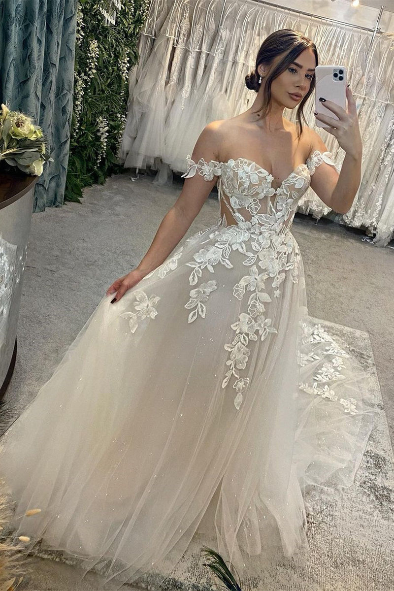 Classic Long A-Line Off-The-Shoulder Sweetheart Appliques Glitter Wedding Dress Classic Long A-Line Off-The-Shoulder Sweetheart Appliques Glitter Wedding Dress