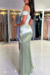 Classic Long Mermaid Gorgeous Spaghetti Straps Off-the-shoulder Satin Prom Dress With Slit-Ballbella