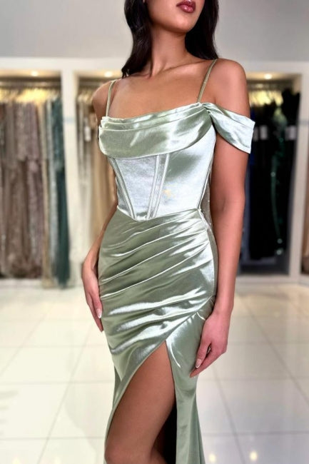 Classic Long Mermaid Gorgeous Spaghetti Straps Off-the-shoulder Satin Prom Dress With Slit-Ballbella