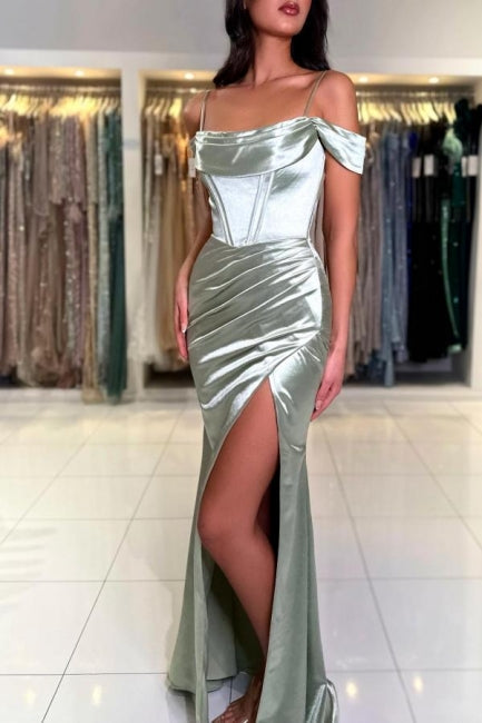Classic Long Mermaid Gorgeous Spaghetti Straps Off-the-shoulder Satin Prom Dress With Slit-Ballbella