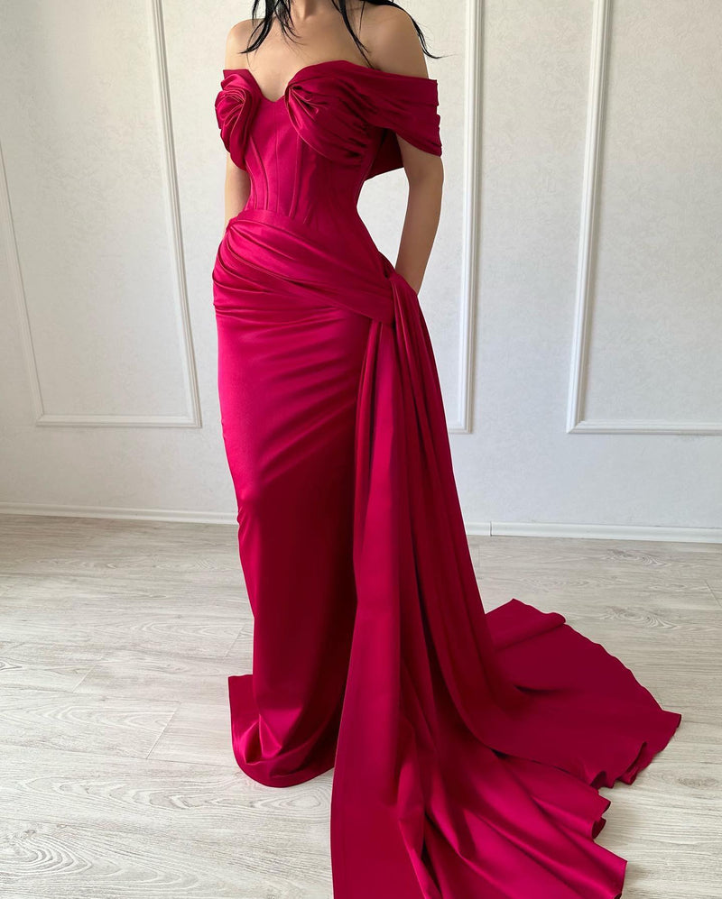 fuchsia silk dress Classic Long Mermaid Off-the-shoulder Sleeveless V-neck Satin Fuchsia Prom Dress