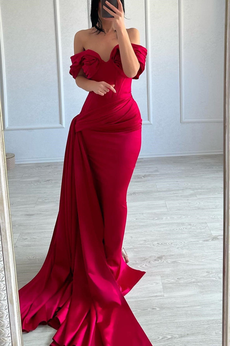 Classic Long Mermaid Off-the-shoulder Sleeveless V-neck Satin Fuchsia Ballbella Classic Long Mermaid Off-the-shoulder Sleeveless V-neck Satin Fuchsia Ballbella