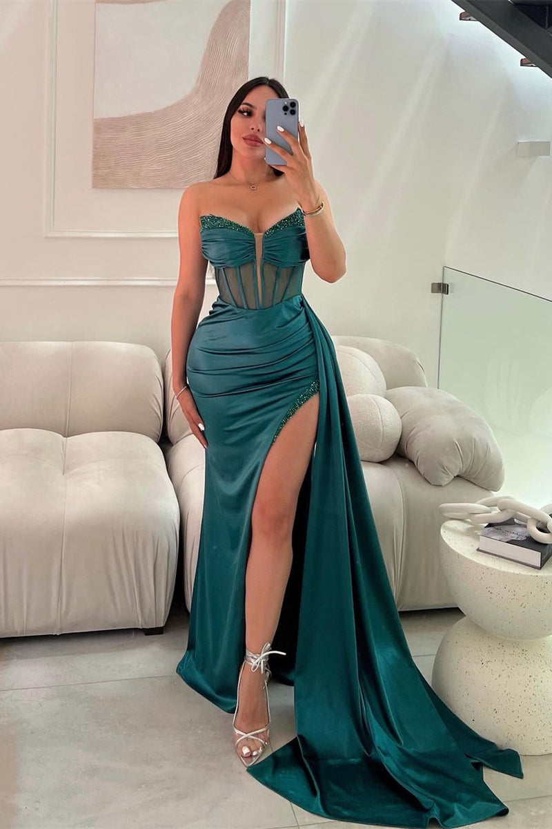 Classic Long Mermaid Sleeveless Glitter Prom Dress With Slit-Ballbella