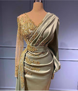 Classic Long Sleeves V-Neck Mermaid Evening Gowns Long Prom Dress With Appliques-Ballbella