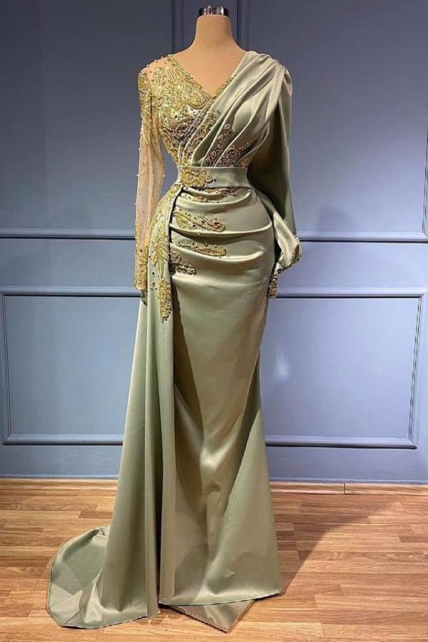 Classic Long Sleeves V-Neck Mermaid Evening Gowns Long Prom Dress With Appliques-Ballbella