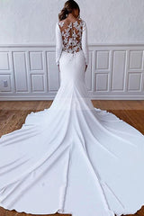 Looking for a dress in Satin, Column style, and AmazingBeading,Appliques work? We meet all your need with this Classic Classic Long Sleevess Bateau White Wedding Reception Dress Floor Length Wedding Dress.
