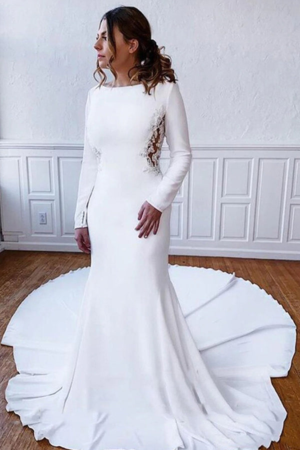 Looking for a dress in Satin, Column style, and AmazingBeading,Appliques work? We meet all your need with this Classic Classic Long Sleevess Bateau White Wedding Reception Dress Floor Length Wedding Dress.
