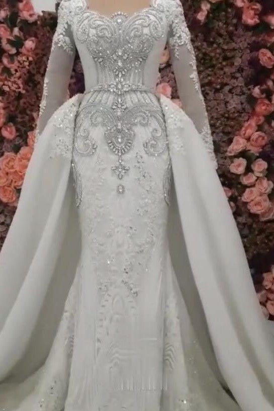 Classic Long Sleevess Mermaid Wedding Dresses with Overskirt-Ballbella