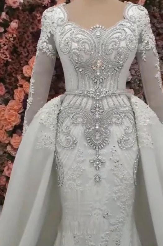 Classic Long Sleevess Mermaid Wedding Dresses with Overskirt-Ballbella