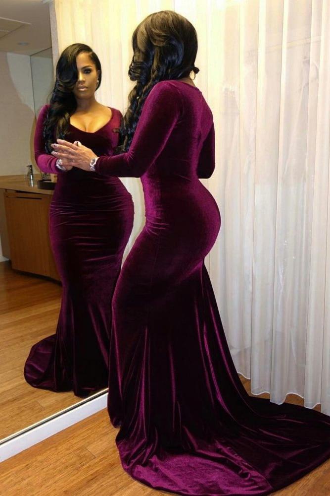 Classic Long Sleevess Velvet Mermaid Long Evening Dresses-Ballbella