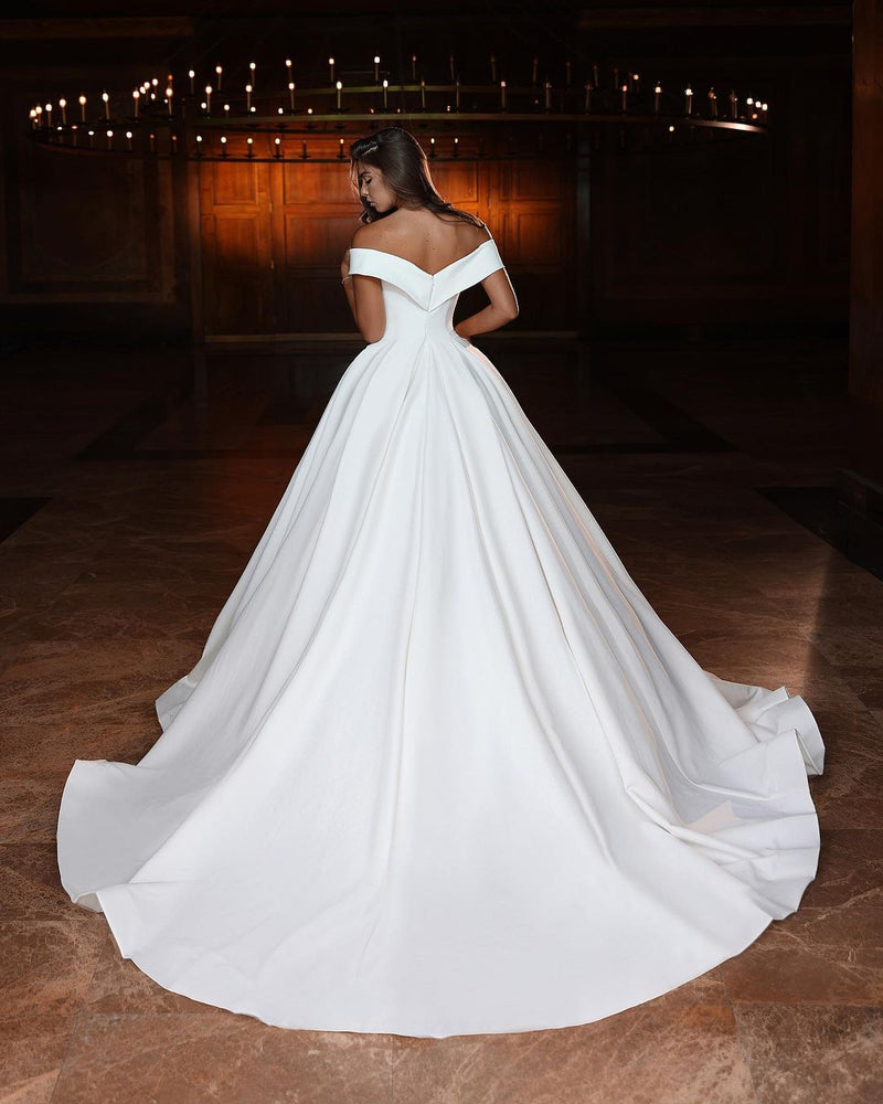 Classic Long White A-line Off-the-shoulder V-neck Satin Wedding Dress Classic Long White A-line Off-the-shoulder V-neck Satin Wedding Dress