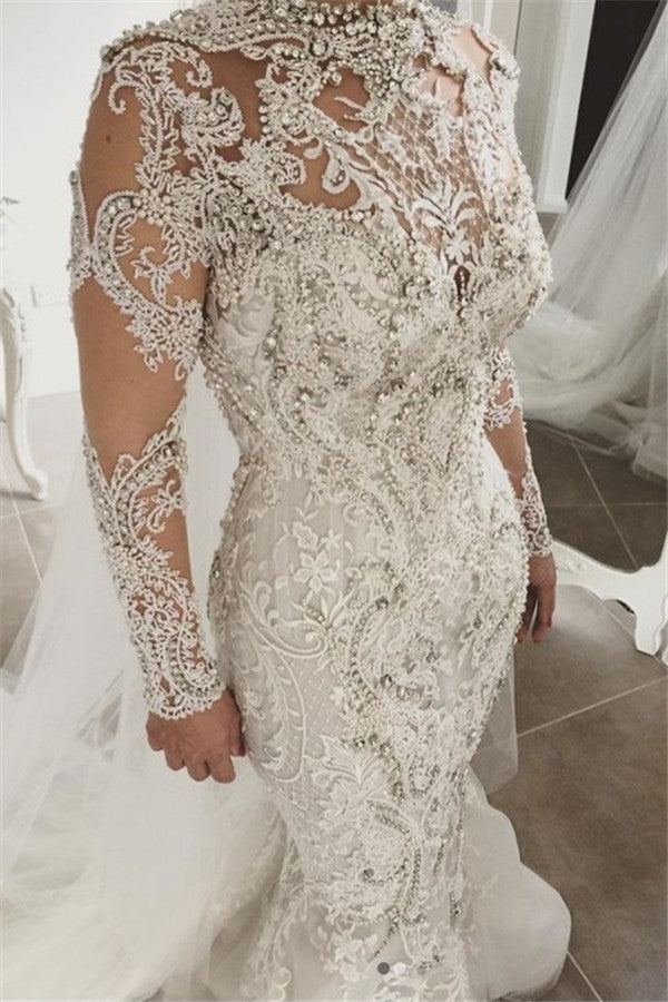 Gorgeous High Neck Crystal Tulle Floor-length Mermaid Wedding Dress with Appliques Lace