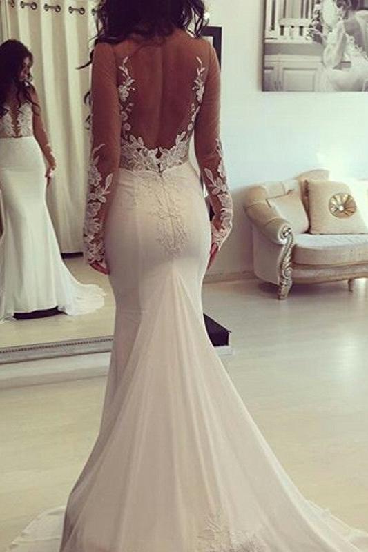 Classic Mermaid Sheer Long Sleeves Appliques Wedding Dresses-Ballbella