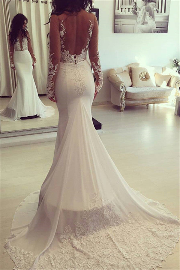 Classic Mermaid Sheer Long Sleeves Appliques Wedding Dresses-Ballbella