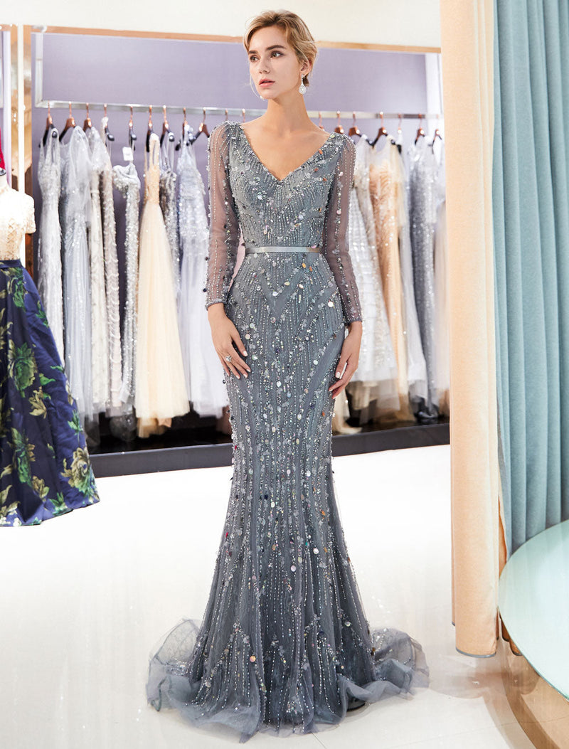 Classic Mother Of The Groom Dresses Grey Long Sleeve Luxury Beading V Neck Sash Formal Gowns With Train Classic Mother Of The Groom Dresses Grey Long Sleeve Luxury Beading V Neck Sash Formal Gowns With Train