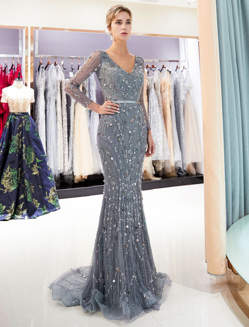 Classic Mother Of The Groom Dresses Grey Long Sleeve Luxury Beading V Neck Sash Formal Gowns With Train