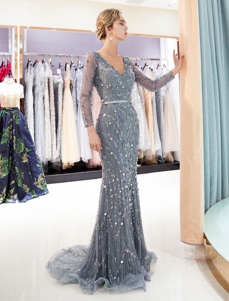 Classic Mother Of The Groom Dresses Grey Long Sleeve Luxury Beading V Neck Sash Formal Gowns With Train