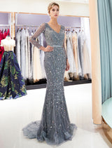 Mother Of The Groom Dresses Grey Long Sleeve Luxury Beading V Neck Sash Formal Gowns With Train