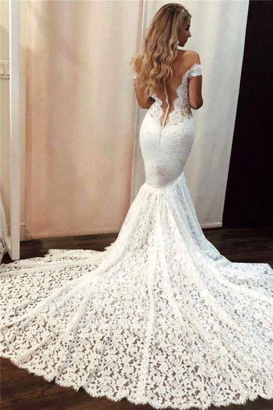 Classic Off the shoulder White Mermaid Wedding Dress-Ballbella