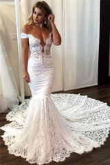 Classic Off the shoulder White Mermaid Wedding Dress-Ballbella