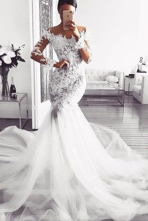 Classic Off the ShoulderWedding Dresses Long Sleevess Mermaid Lace Bridal Gowns-Ballbella
