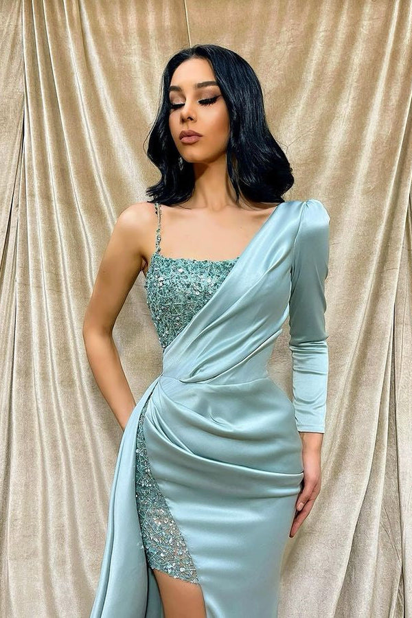 Classic One Shoulder Long Sleeves Evening Dress Mermaid Slit With Beads-Ballbella