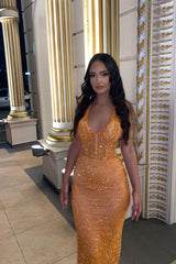 Classic Orange Halter V-Neck Sleeveless Sequins Prom Dresses Mermaid Column On Sale-Ballbella