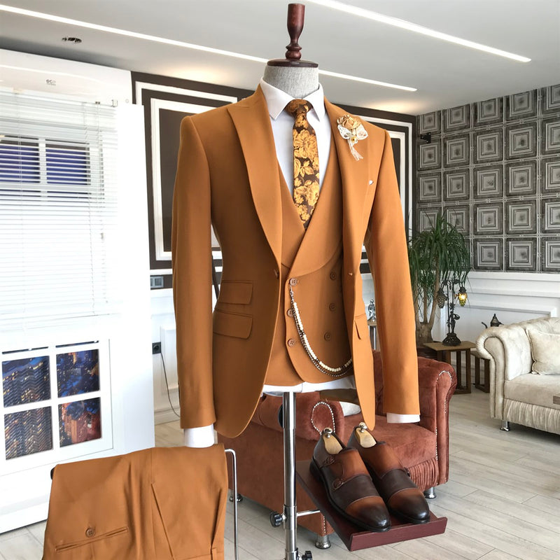 Classic Orange Peaked Lapel Double Breasted Waistcoat Tailored Prom Suits For Men-Ballbella