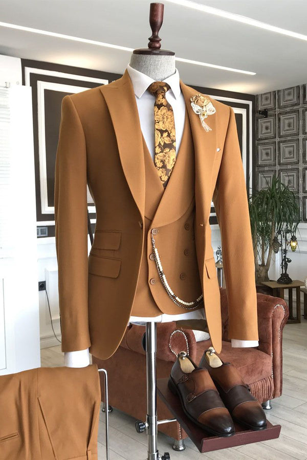 Classic Orange Peaked Lapel Double Breasted Waistcoat Tailored Prom Suits For Men