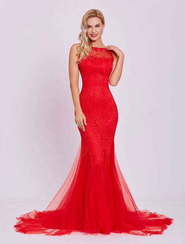 Red Evening Dresses  Long Backless Sexy Evening Dress Lace Mermaid Tulle Formal Gown With Train wedding guest dress, fast delivery worldwide.