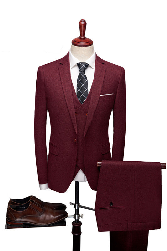 Classic Red Notch Collar Men Suits Formal Three Pieces Prom Tuxedo-Ballbella