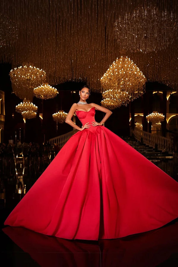 Classic Red Sweetheart Strapless Sleeveless Satin Prom Dresses A-Line Ball Gown With Pleats Classic Red Sweetheart Strapless Sleeveless Satin Prom Dresses A-Line Ball Gown With Pleats