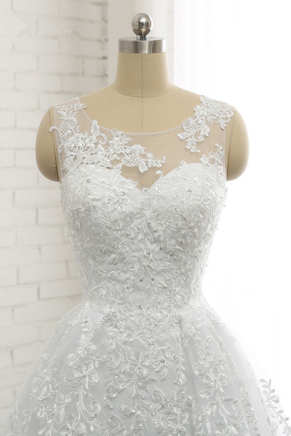 Ballbella offers Classic Round neck Lace appliques White Princess Wedding Dress online at an affordable price from Tulle to A-line Floor-length skirts. Shop for Amazing Sleeveless wedding collections for your big day.