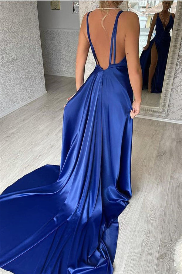 Classic Royal Blue V-neck Slit Prom Dresses Mermaid Long-Ballbella
