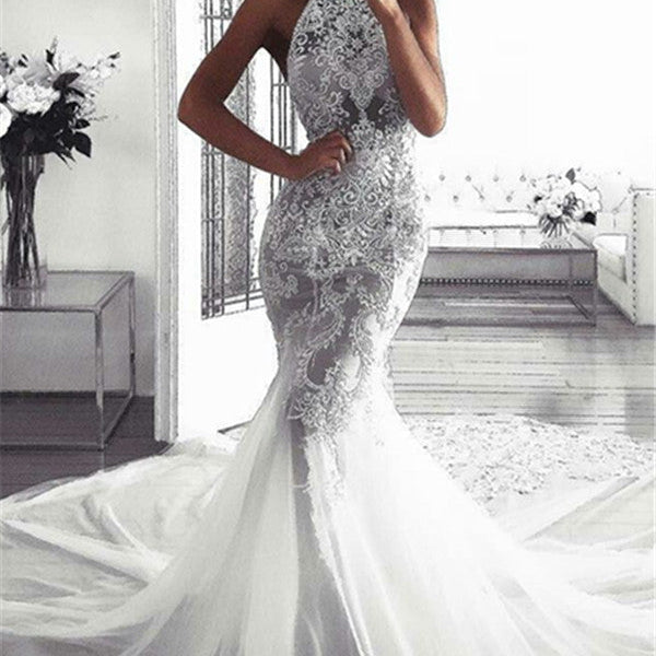 Classic Sleeveless Halter Wedding Dresses Modern Mermaid Tulle Bridal Dresses