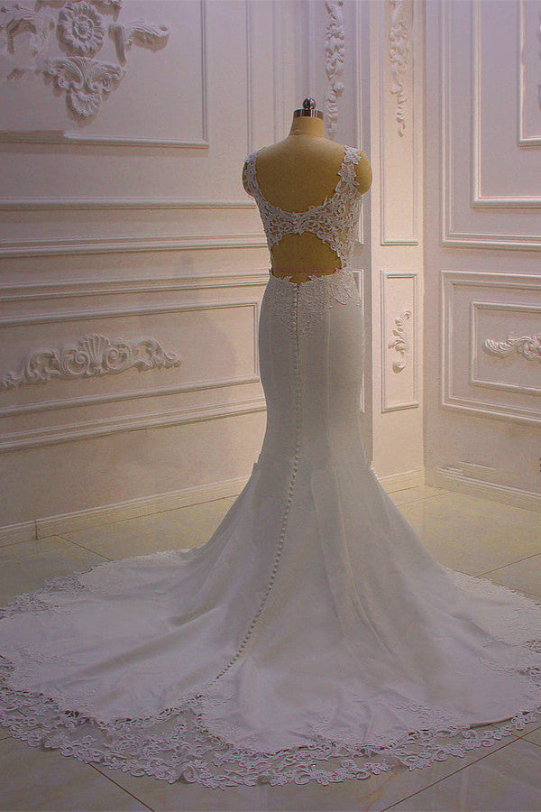 Classic Sleeveless Lace V neck Column White Court Train Wedding Dress-Ballbella