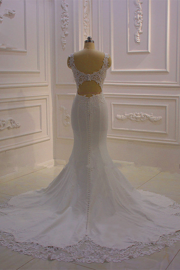 Classic Sleeveless Lace V neck Column White Court Train Wedding Dress-Ballbella