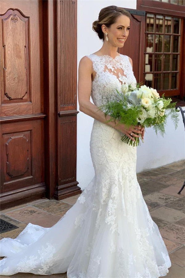 Classic Sleeveless Strap Lace Appliques Mermaid Bridal Wedding Dresses-Ballbella