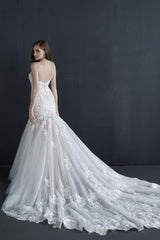 Classic Sleeveless White Lace Mermaid Wedding Gown Sweetheart Tulle Appliques Bridal Dress-Ballbella