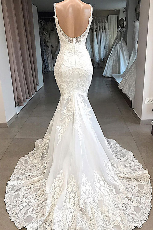 Ballbella.com supplies you Spaghetti Strap V-neck Mermaid Open Back Wedding Dress with Chapel Train online at an affordable price. Shop for the most popular dress now.