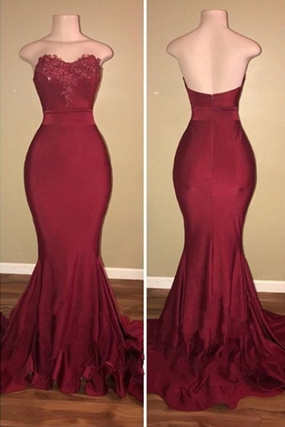 Looking for Prom Dresses, Evening Dresses in Stretch Satin,  Mermaid style,  and Gorgeous Appliques work? Ballbella has all covered on this elegant Classic Strapless Appliques Sweep Train Mermaid Prom Dresses.