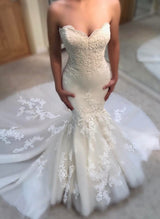 Check out this spring/autumn sleeveless lace appliques mermaid ivory wedding at ballbella. Fast Shipping worldwide, custom made, all sizes and colors.
